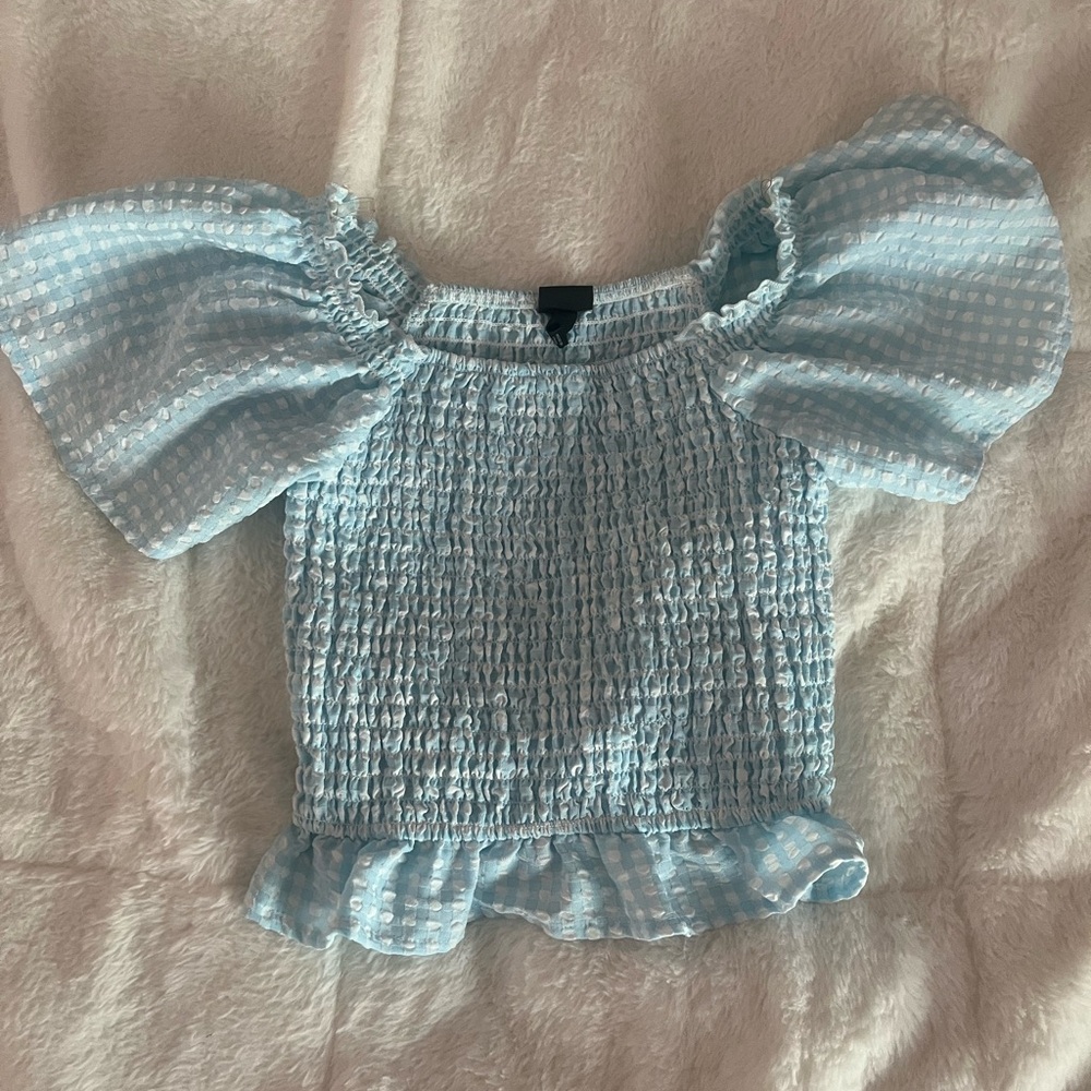Light Blue Smocked Puff Sleeve Top